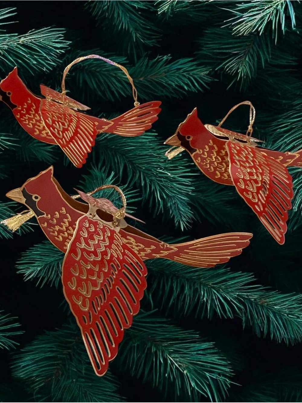 Reed & Barton Christmas Ornament Cardinals Gold Enamel Lot of 3 Birds Vintage